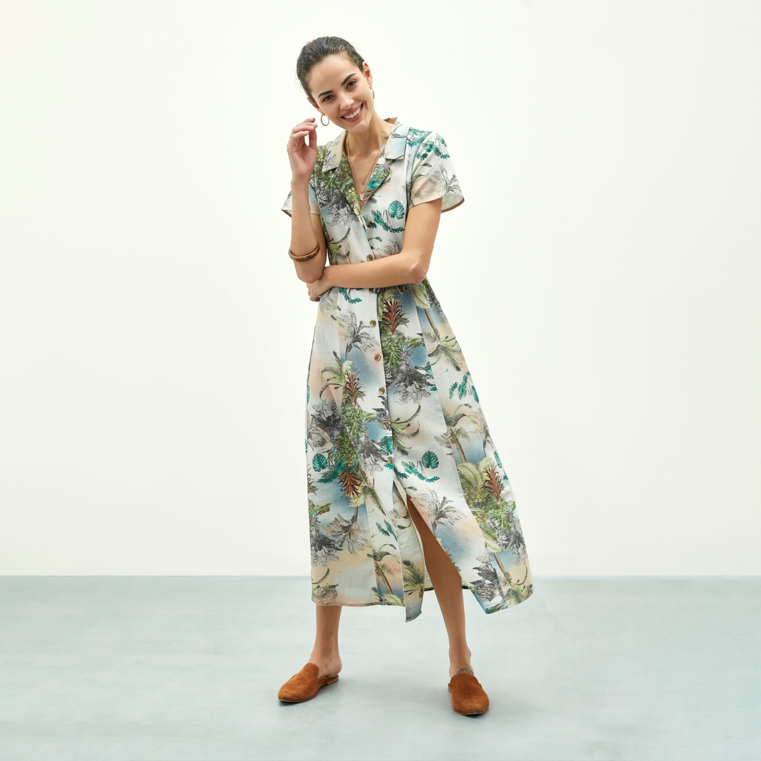 BASKILI KLOŞ MİDİ BOY ELBİSE