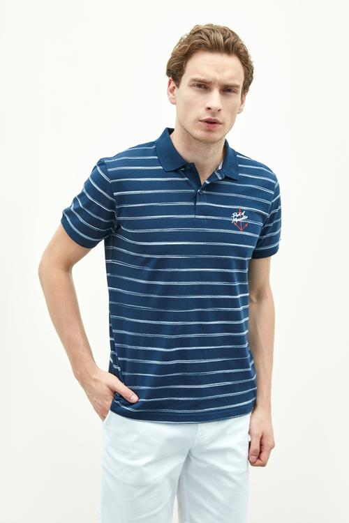  ÇİZGİLİ POLO YAKA NAKIŞLI KISA KOL T-SHIRT