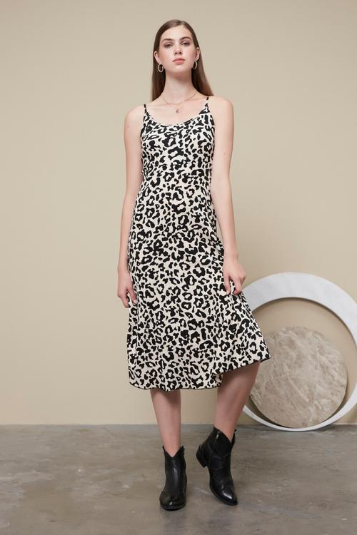  LEOPAR DESENLİ MİDİ ELBİSE