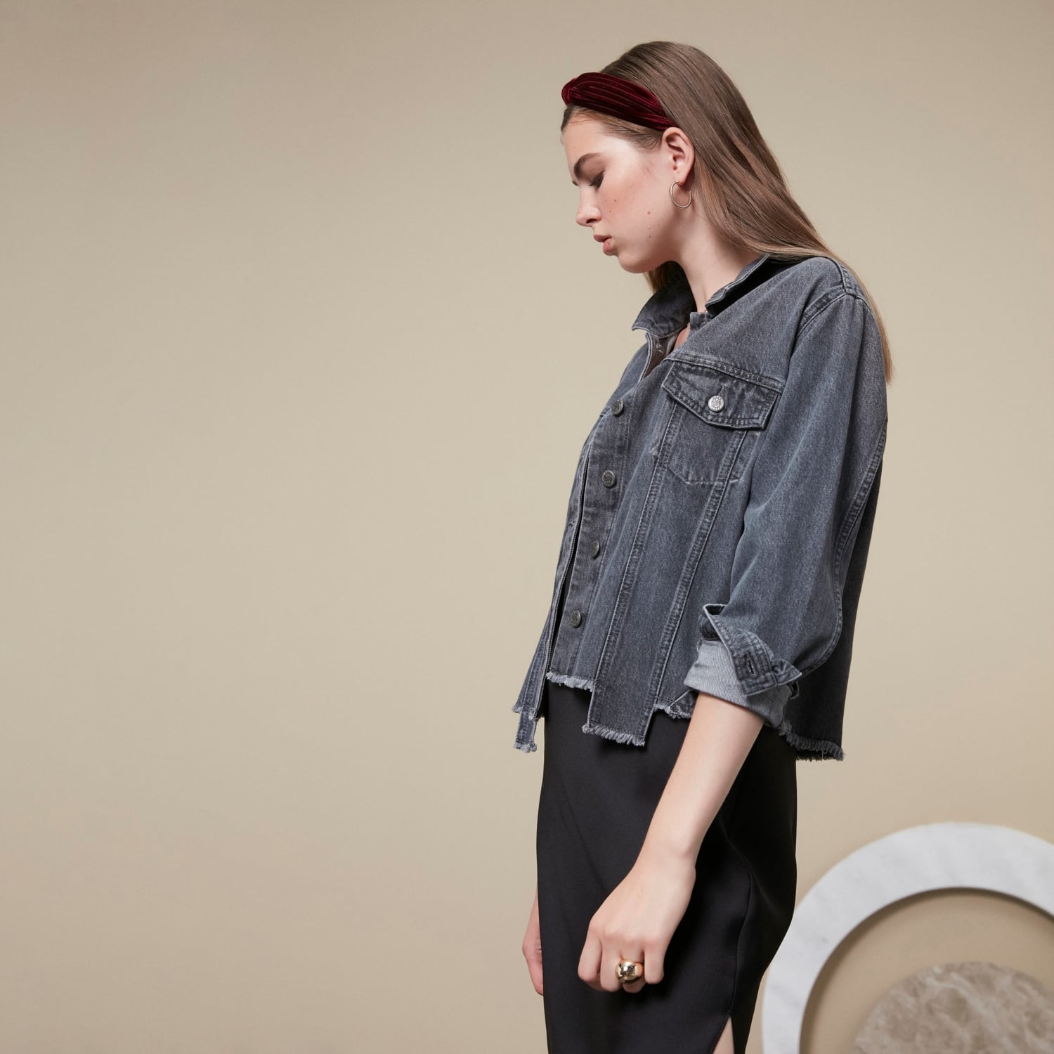 PÜSKÜL DETAYLI JEAN CEKET