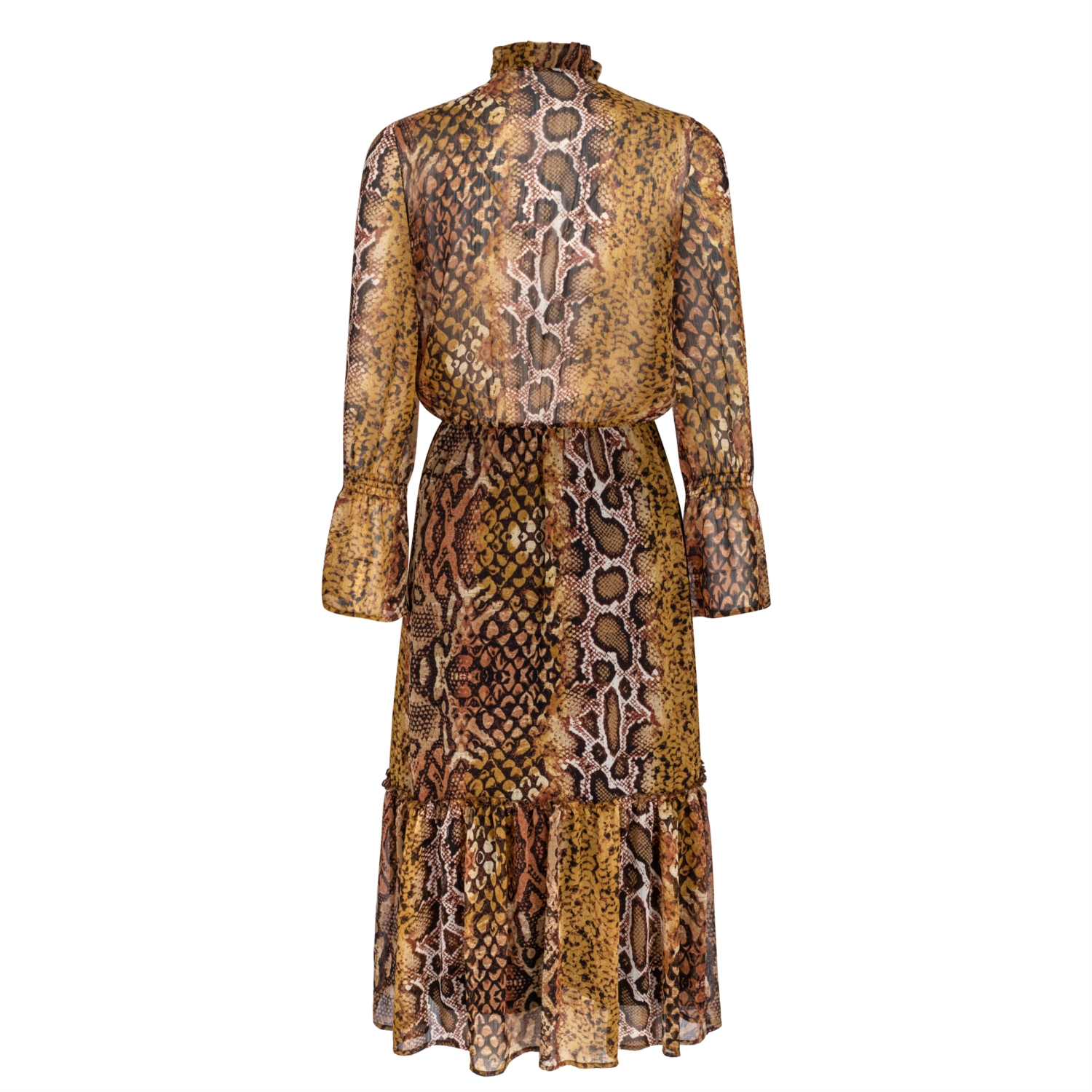 YILAN DERİSİ DESENLİ KLOŞ MİDİ ELBİSE