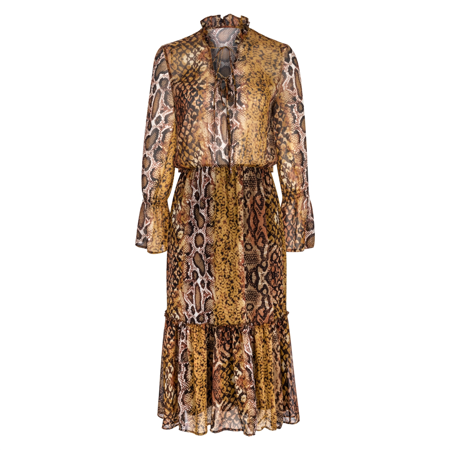 YILAN DERİSİ DESENLİ KLOŞ MİDİ ELBİSE