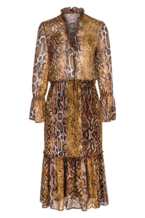  YILAN DERİSİ DESENLİ KLOŞ MİDİ ELBİSE
