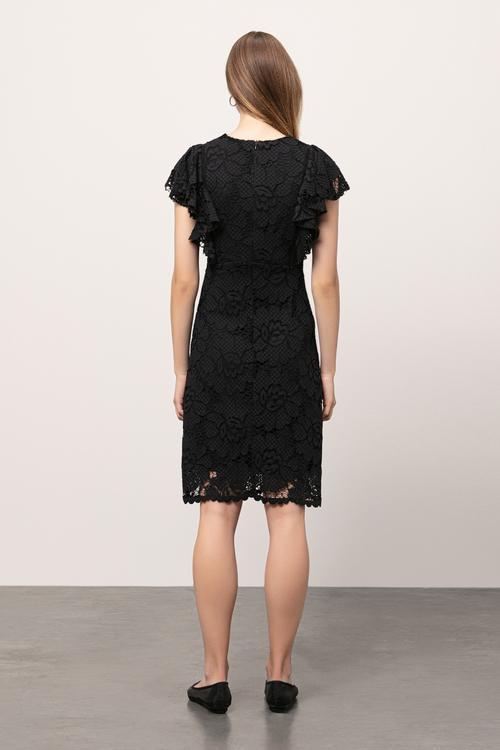  ÇİÇEK DESENLİ DANTELLİ MİDİ ELBİSE