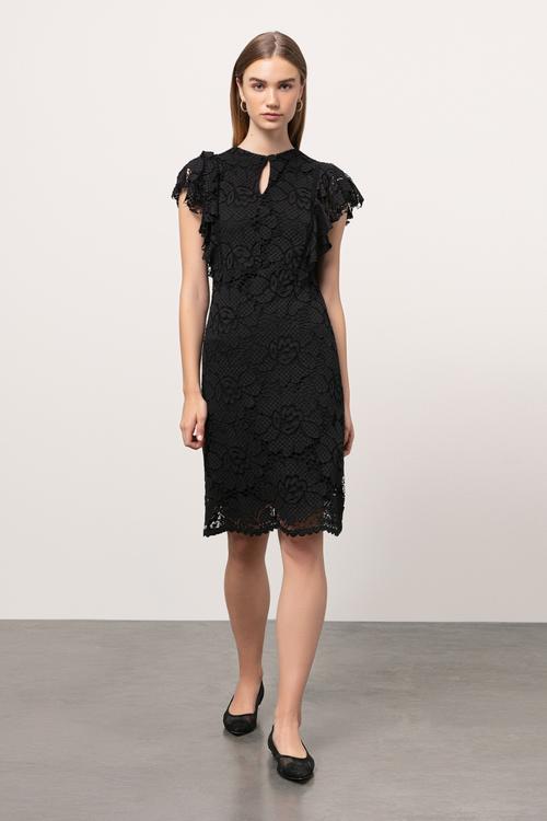  ÇİÇEK DESENLİ DANTELLİ MİDİ ELBİSE