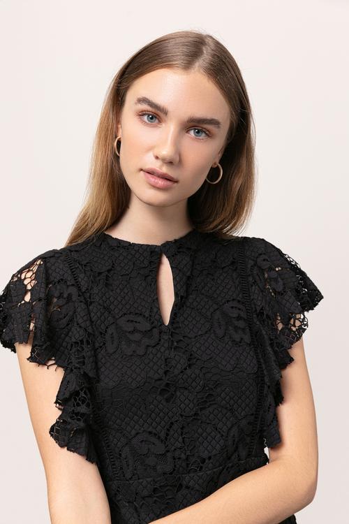  ÇİÇEK DESENLİ DANTELLİ MİDİ ELBİSE