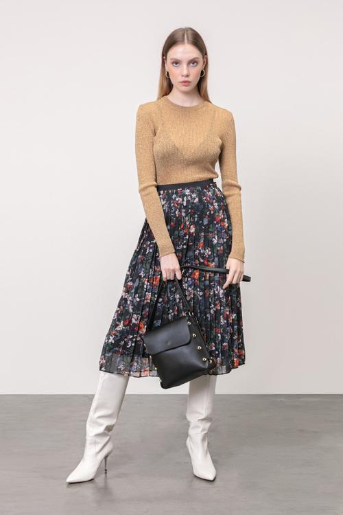  ÇİÇEK DESENLİ PİLELİ MİDİ ETEK