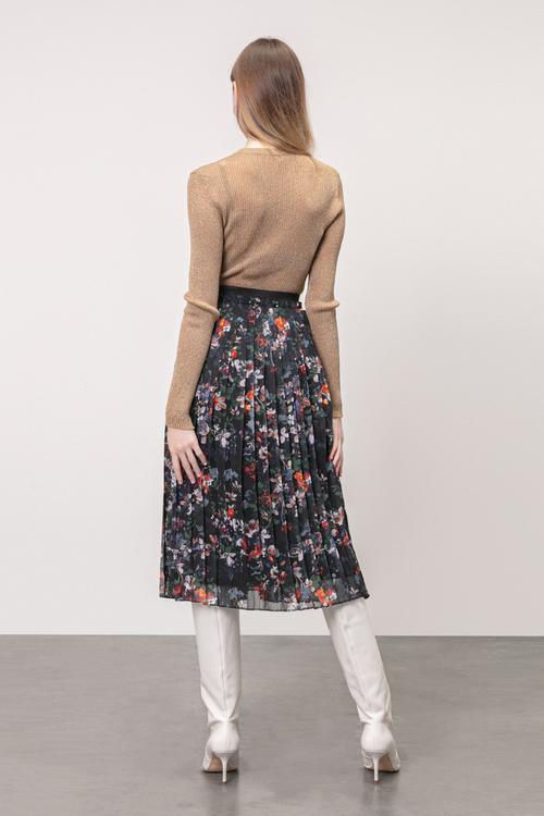  ÇİÇEK DESENLİ PİLELİ MİDİ ETEK