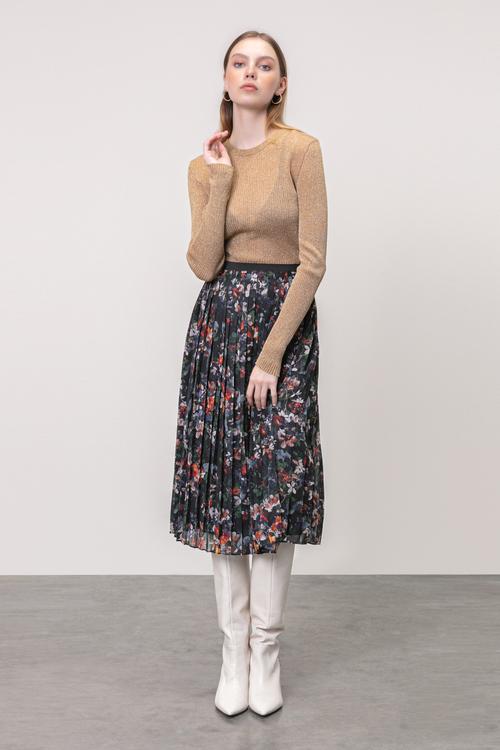  ÇİÇEK DESENLİ PİLELİ MİDİ ETEK