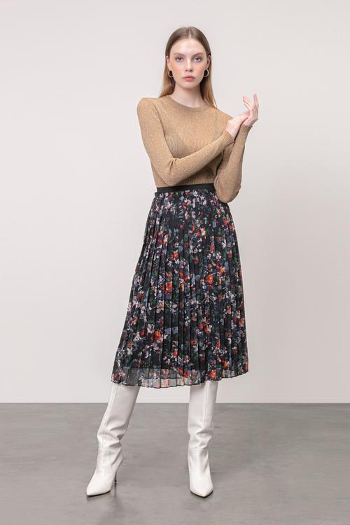  ÇİÇEK DESENLİ PİLELİ MİDİ ETEK