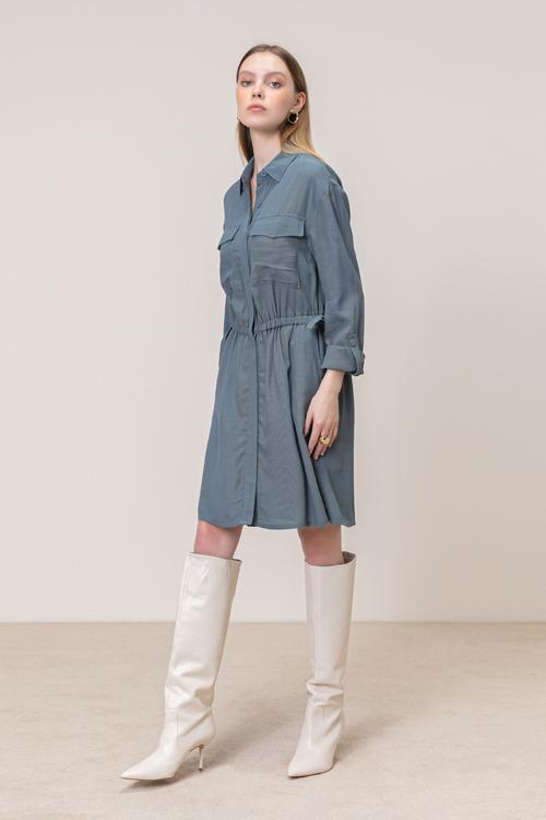  BELİ LASTİKLİ MİNİ GÖMLEK ELBİSE