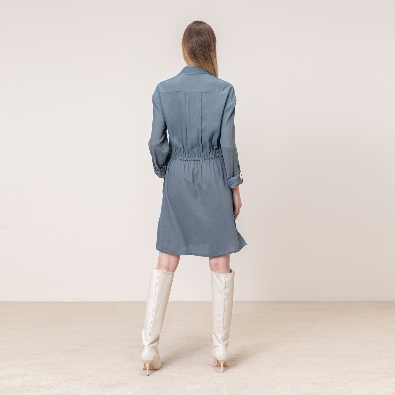 BELİ LASTİKLİ MİNİ GÖMLEK ELBİSE