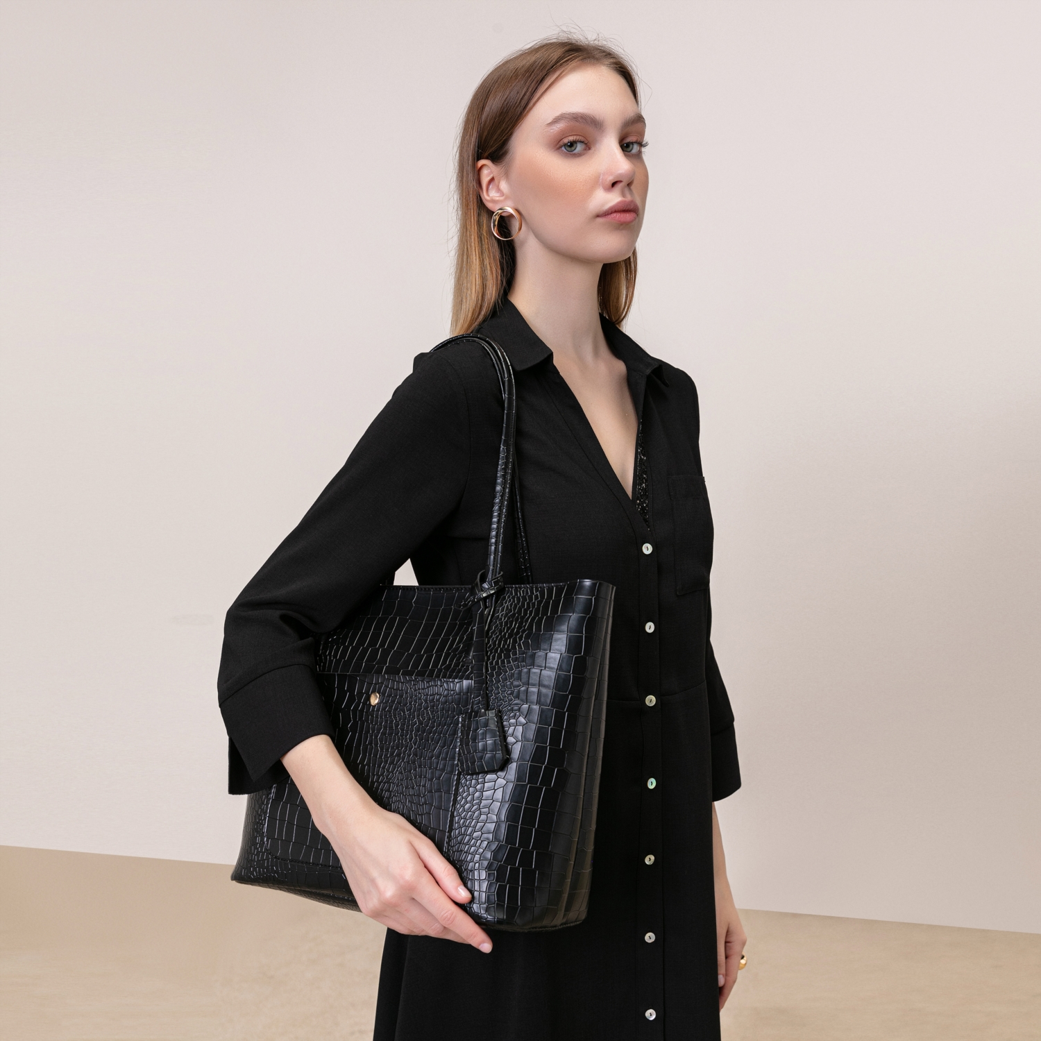 YAKA DETAYLI MİDİ GÖMLEK ELBİSE