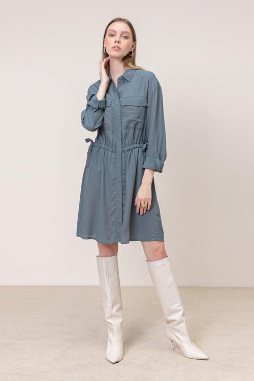  BELİ LASTİKLİ MİNİ GÖMLEK ELBİSE