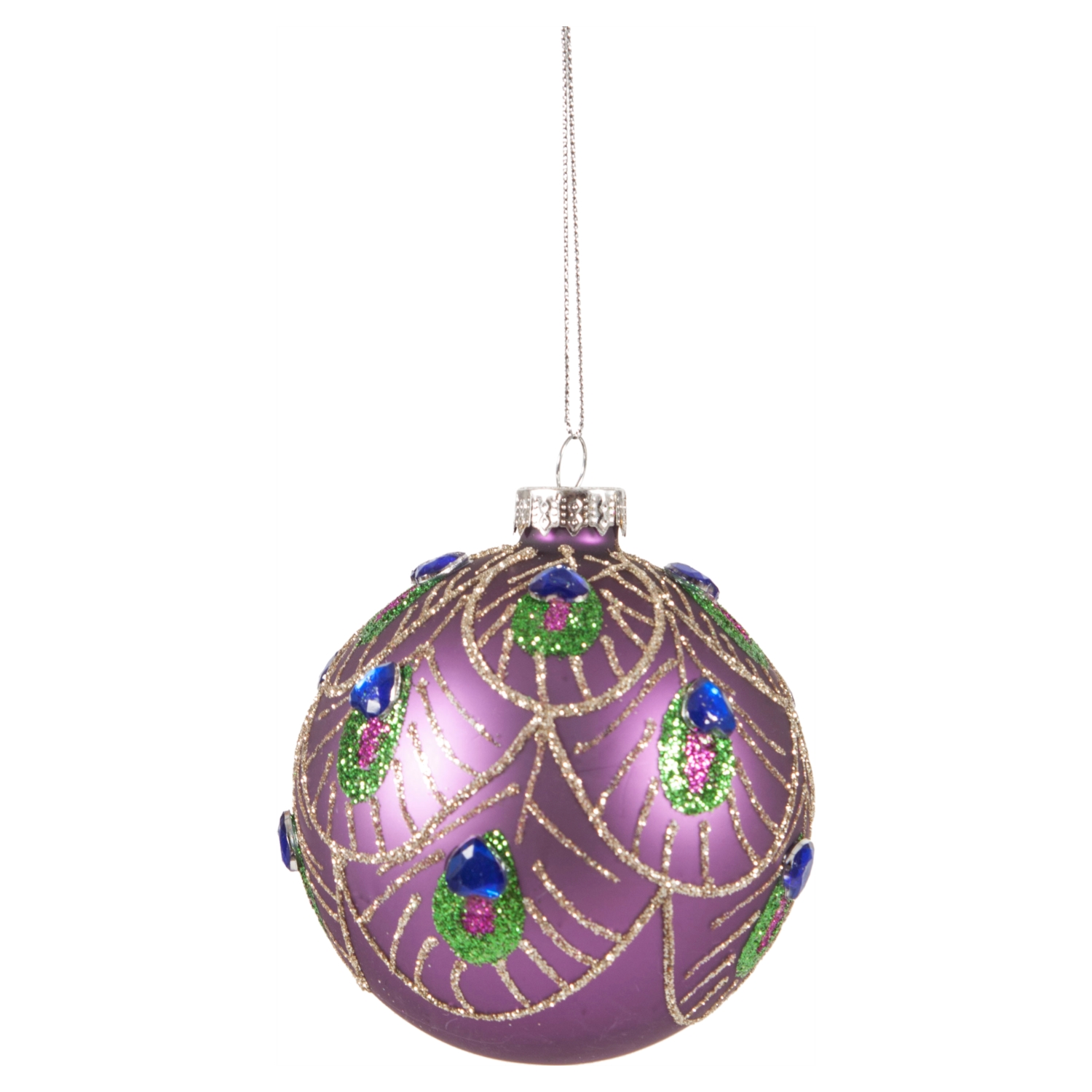 PEACOCK MOR CAM YILBAŞI AĞAÇ SÜSÜ 8CM