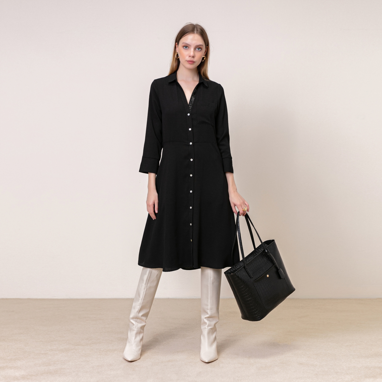 YAKA DETAYLI MİDİ GÖMLEK ELBİSE