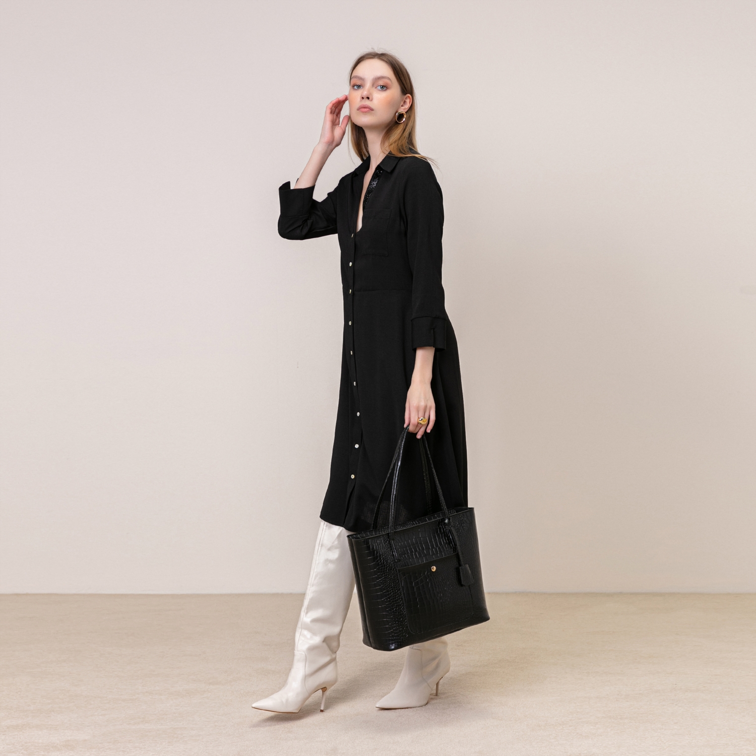 YAKA DETAYLI MİDİ GÖMLEK ELBİSE