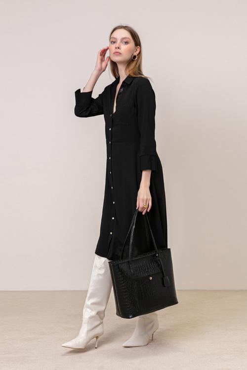  YAKA DETAYLI MİDİ GÖMLEK ELBİSE