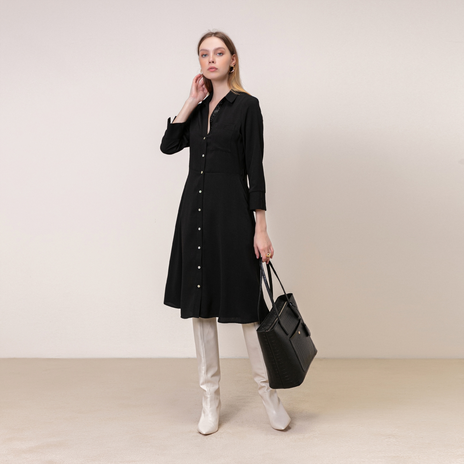 YAKA DETAYLI MİDİ GÖMLEK ELBİSE