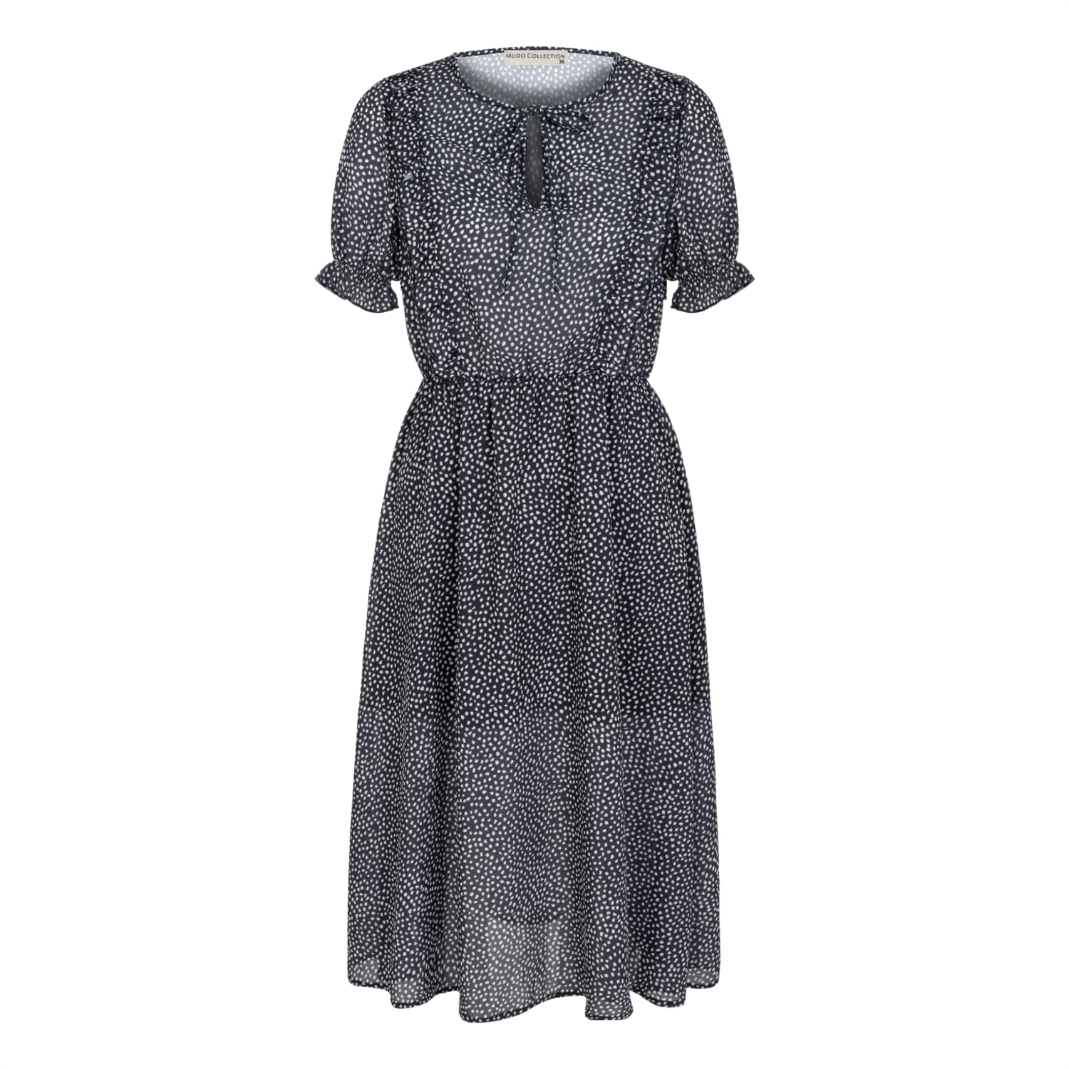 BELİ LASTİKLİ VOLANLI MİDİ ELBİSE