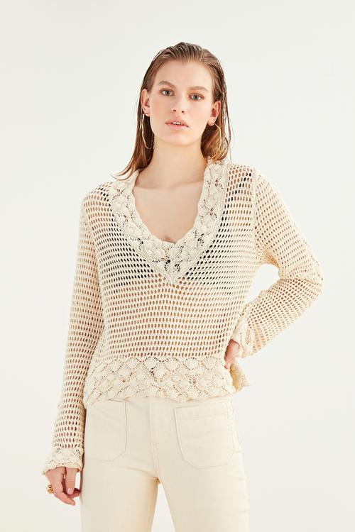  V YAKA DANTELLİ CROP KAZAK