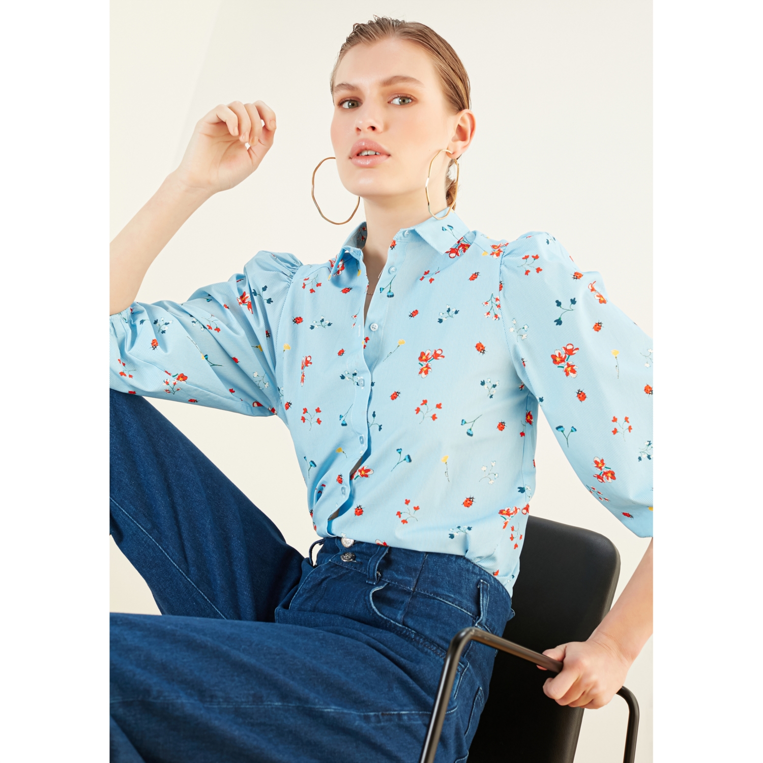 ÇİÇEK DESENLİ BALON KOL GÖMLEK