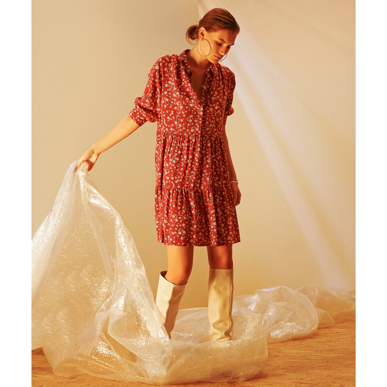 ÇİÇEK DESENLİ MİNİ KLOŞ ELBİSE