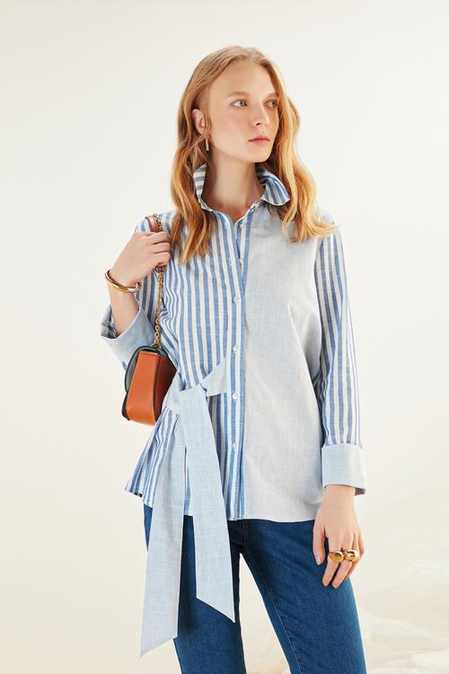  OVERSIZE YANDAN BAĞLAMALI ÇİZGİLİ GÖMLEK