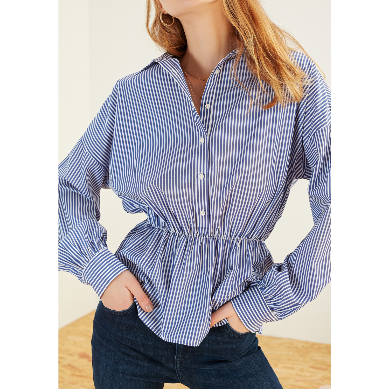 BELİ LASTİKLİ ÇİZGİLİ GÖMLEK