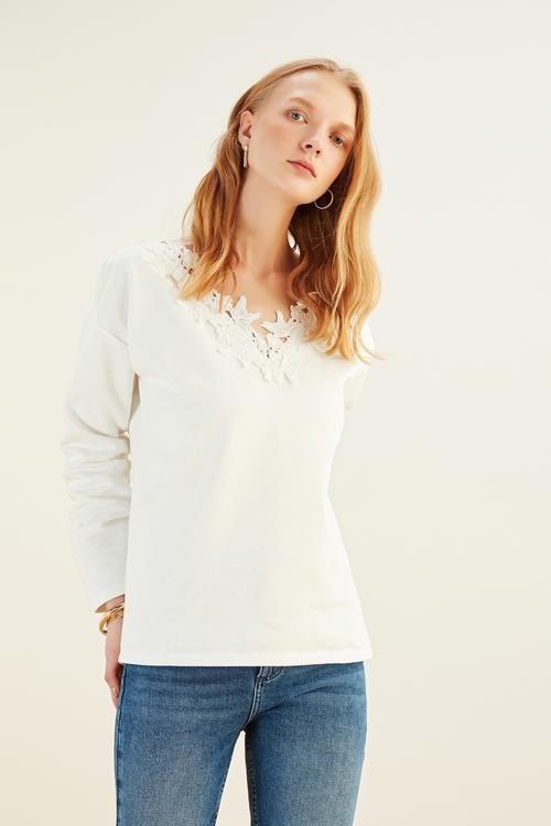  DANTEL DETAYLI V YAKA SWEATSHIRT