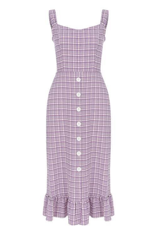  EKOSE DESENLİ VOLANLI MİDİ ELBİSE