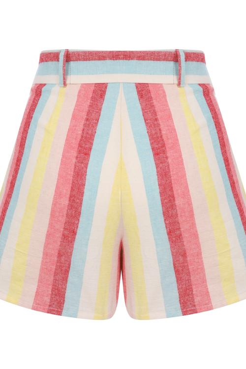  RENKLİ ÇİZGİLİ PAMUK - KETEN BAĞLAMALI ŞORT