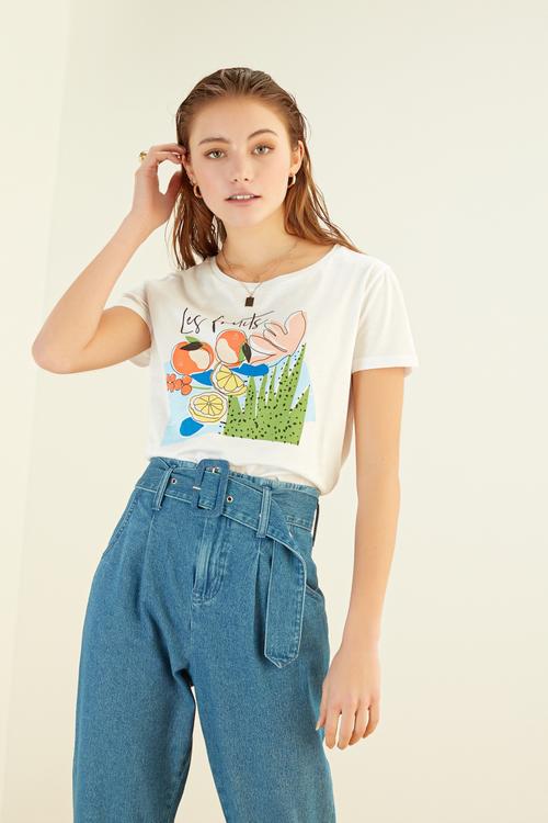  BİSİKLET YAKA BASKILI PAMUK T-SHIRT