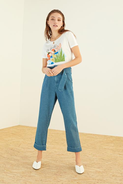  BİSİKLET YAKA BASKILI PAMUK T-SHIRT