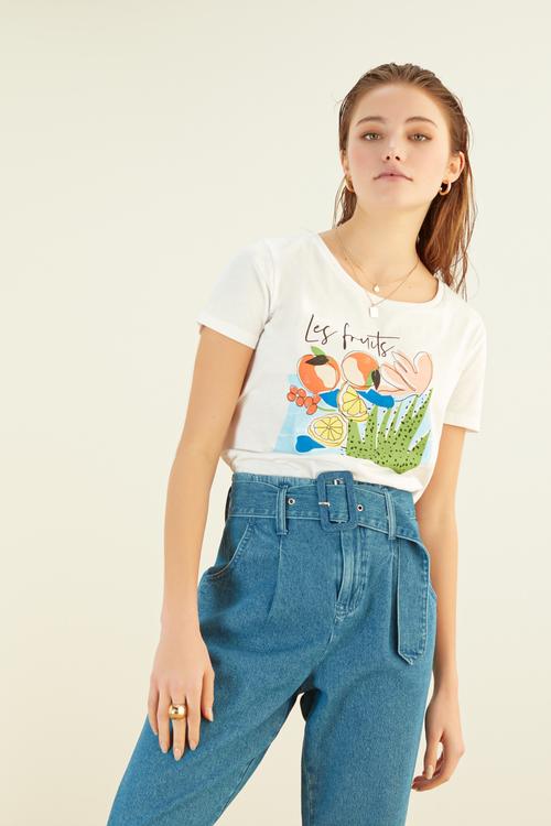  BİSİKLET YAKA BASKILI PAMUK T-SHIRT