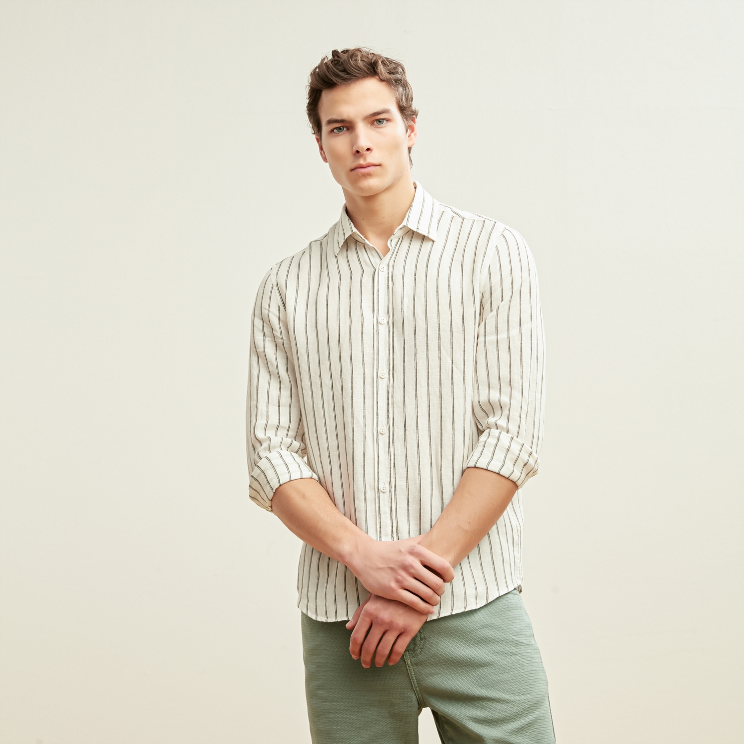 REGULAR KESİM ÇİZGİLİ KETEN GÖMLEK