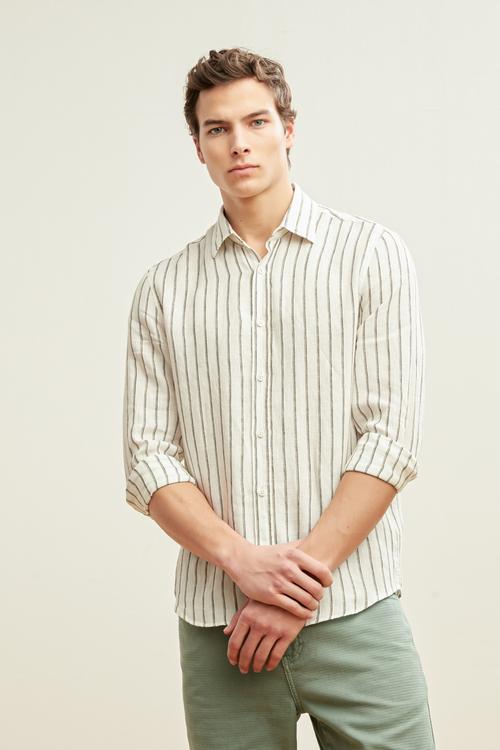  REGULAR KESİM ÇİZGİLİ KETEN GÖMLEK