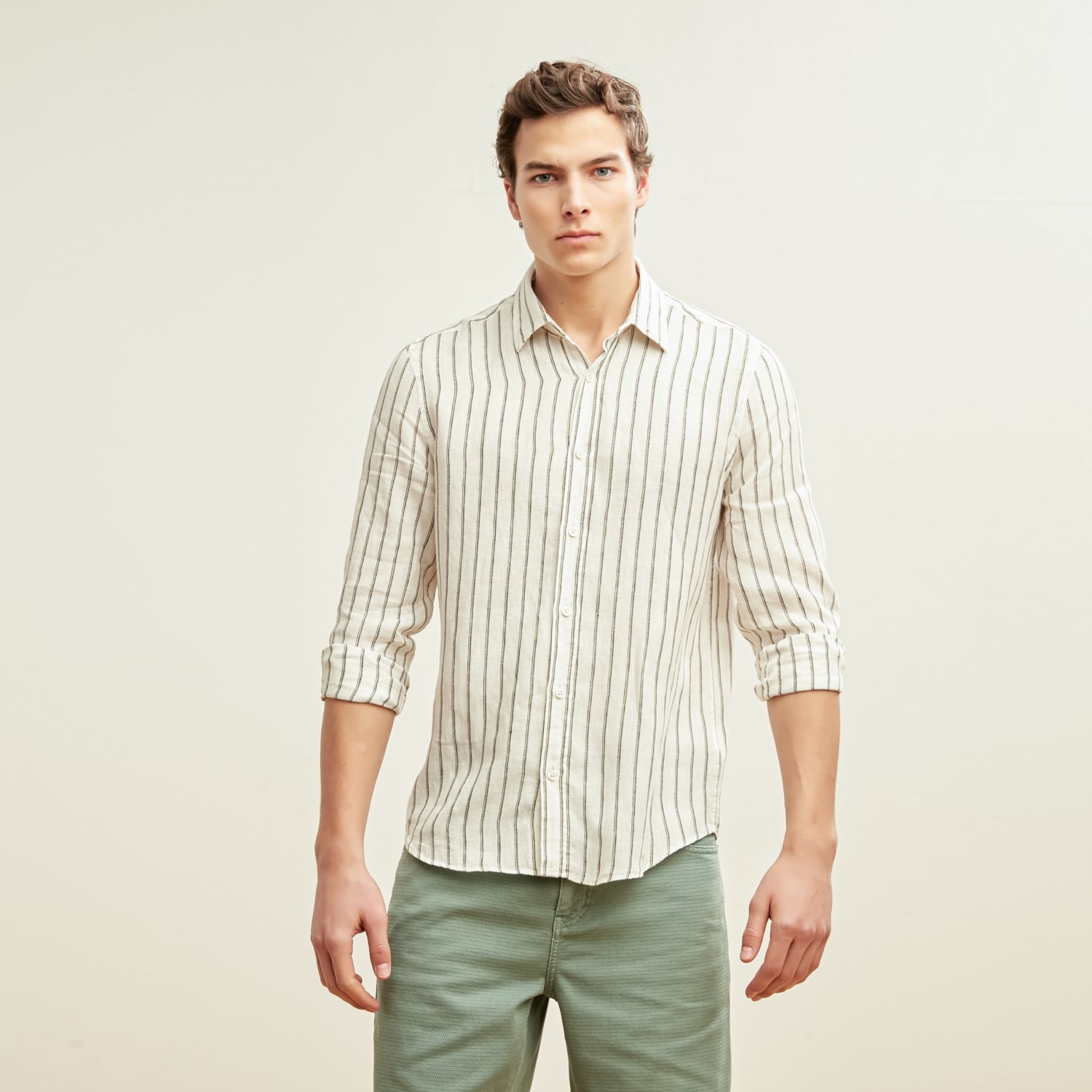 REGULAR KESİM ÇİZGİLİ KETEN GÖMLEK