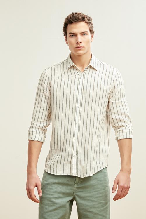  REGULAR KESİM ÇİZGİLİ KETEN GÖMLEK