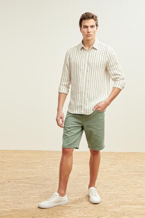  REGULAR KESİM ÇİZGİLİ KETEN GÖMLEK