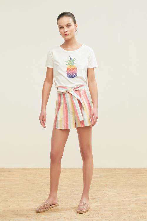  RENKLİ ÇİZGİLİ PAMUK - KETEN BAĞLAMALI ŞORT