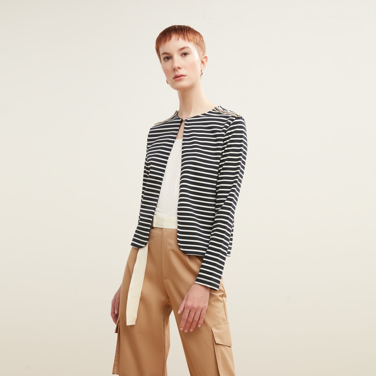 ZİNCİR DETAYLI ÇİZGİLİ CEKET