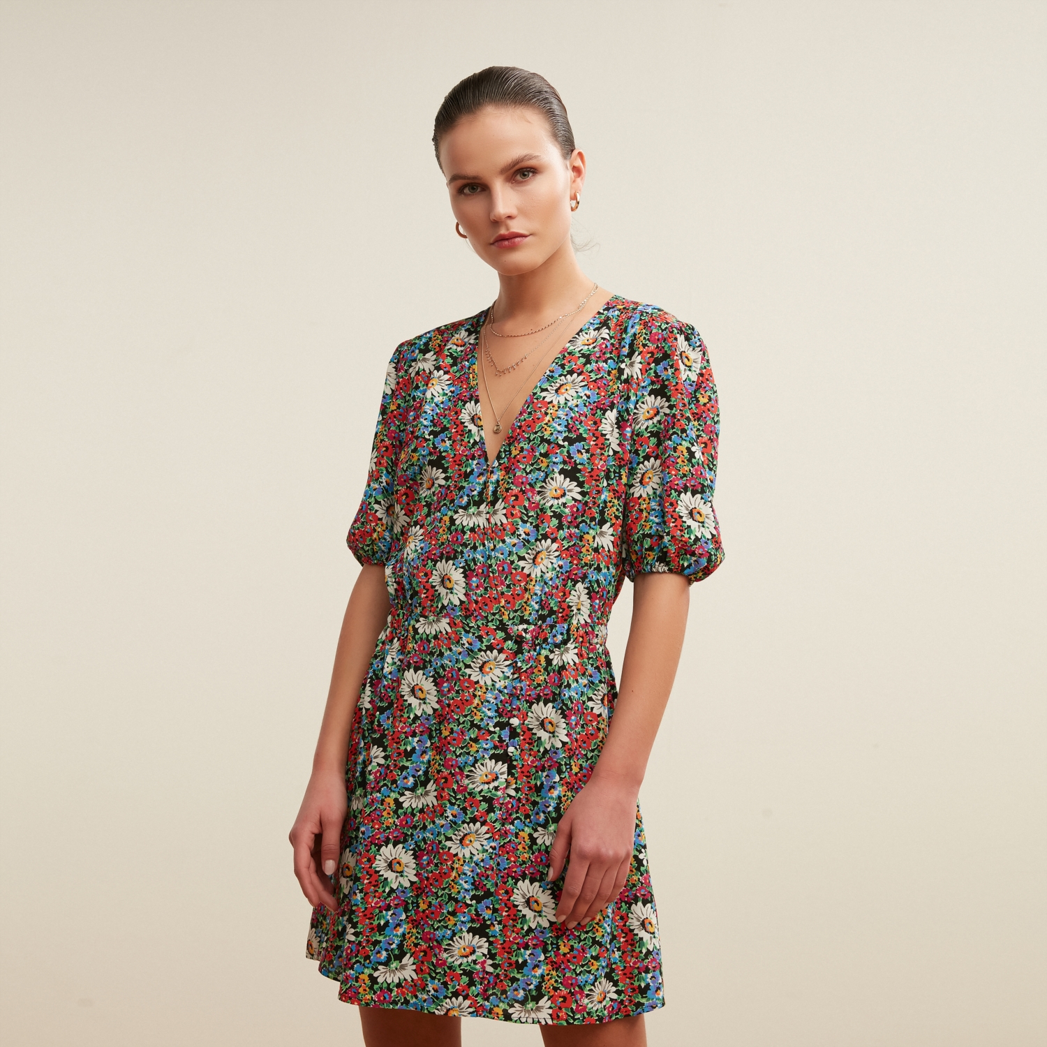 BALON KOL FLORAL MİNİ ELBİSE