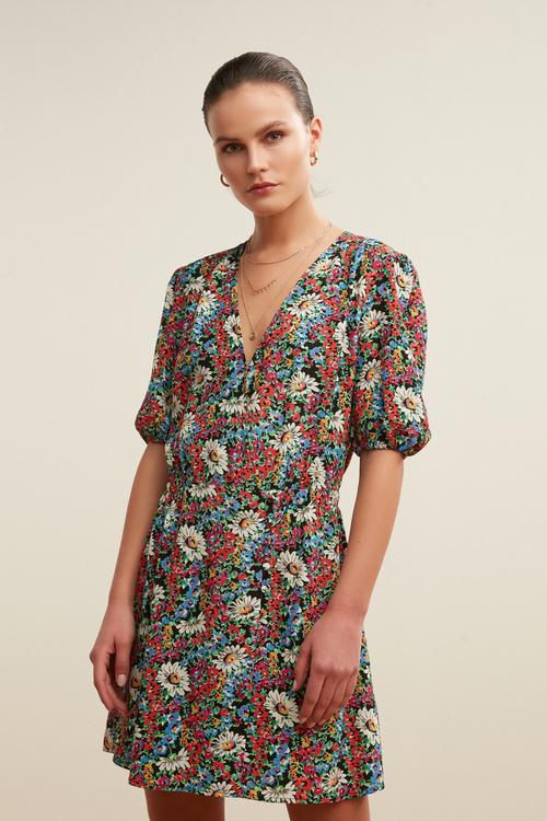  BALON KOL FLORAL MİNİ ELBİSE