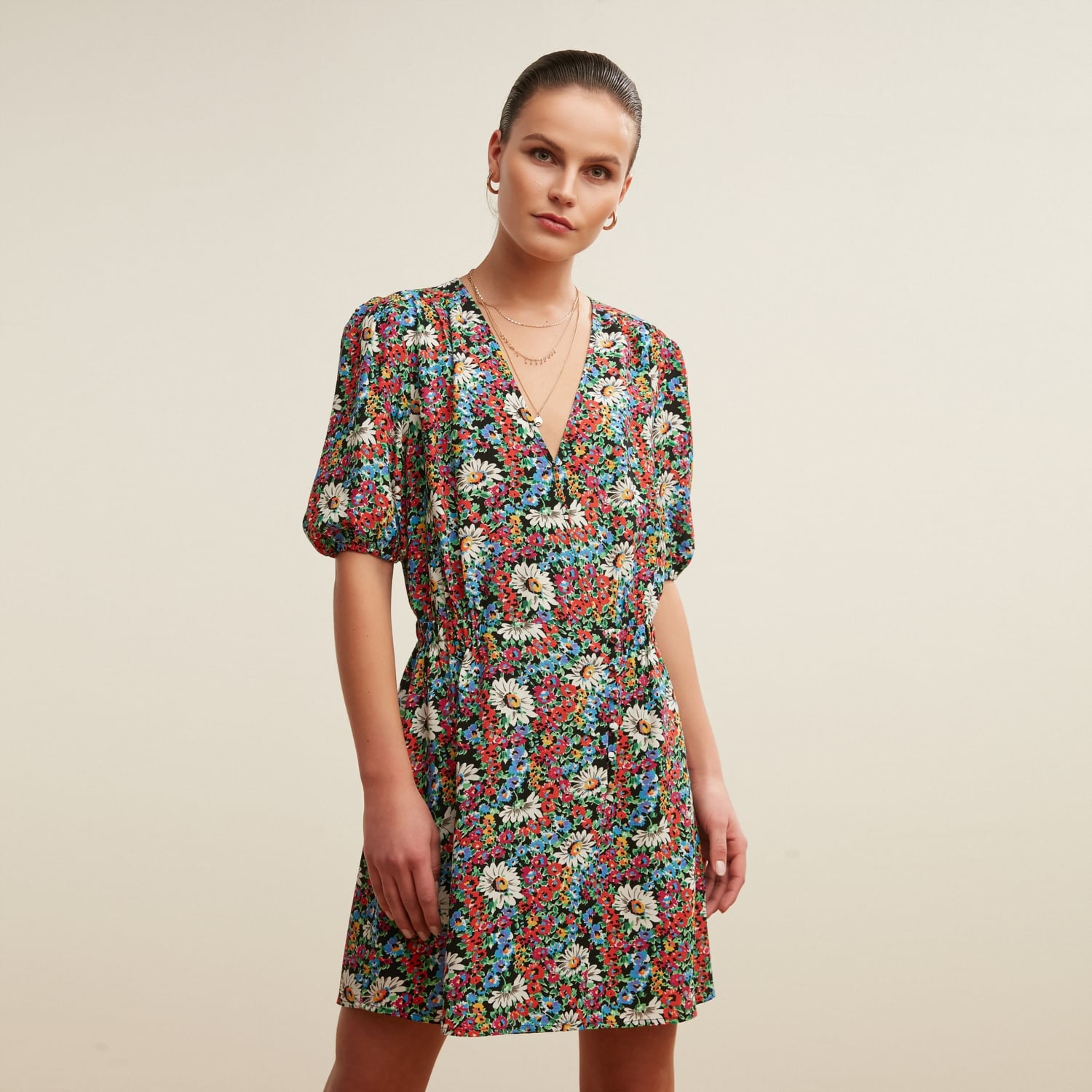 BALON KOL FLORAL MİNİ ELBİSE