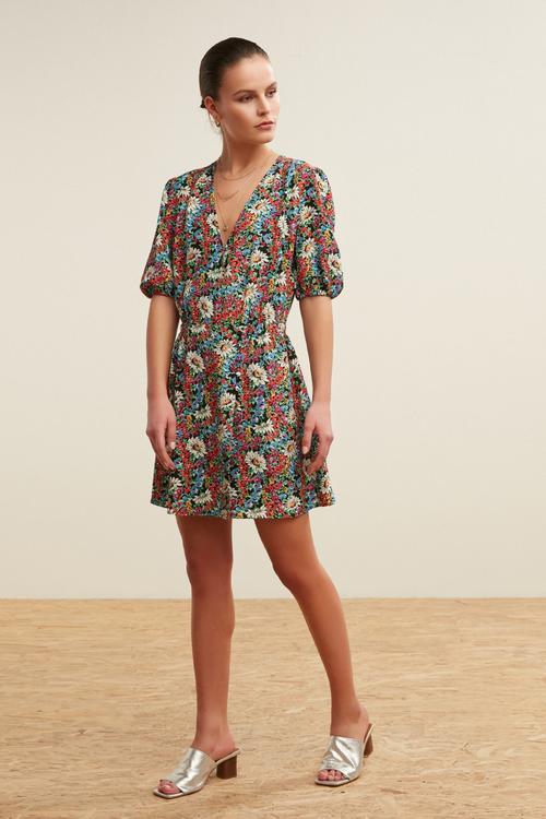  BALON KOL FLORAL MİNİ ELBİSE