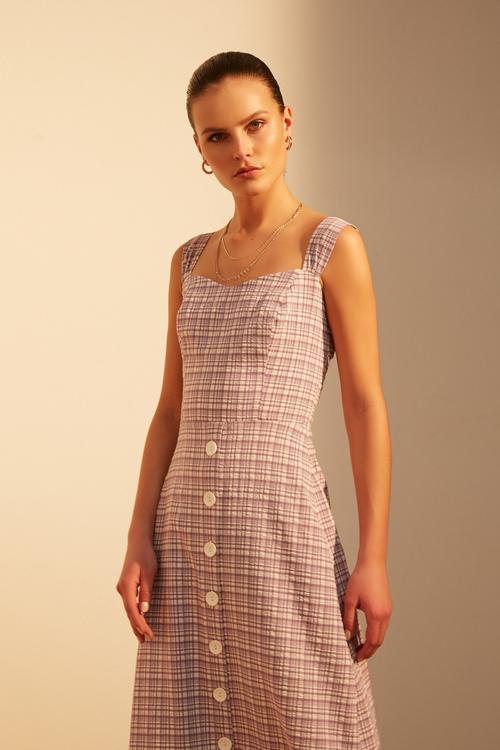  EKOSE DESENLİ VOLANLI MİDİ ELBİSE