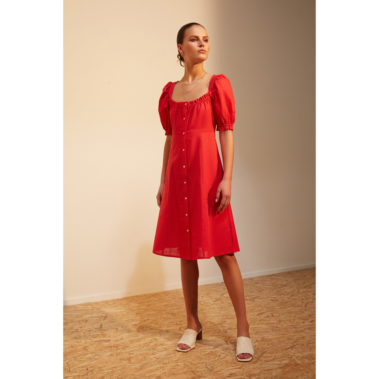 A KESİM KARPUZ KOL PAMUK ELBİSE