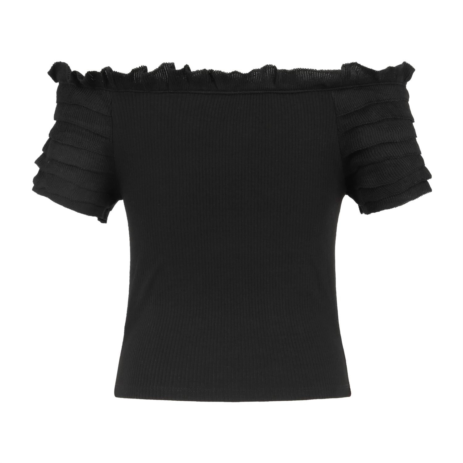 DÜŞÜK OMUZ FIRFIRLI CROP BLUZ