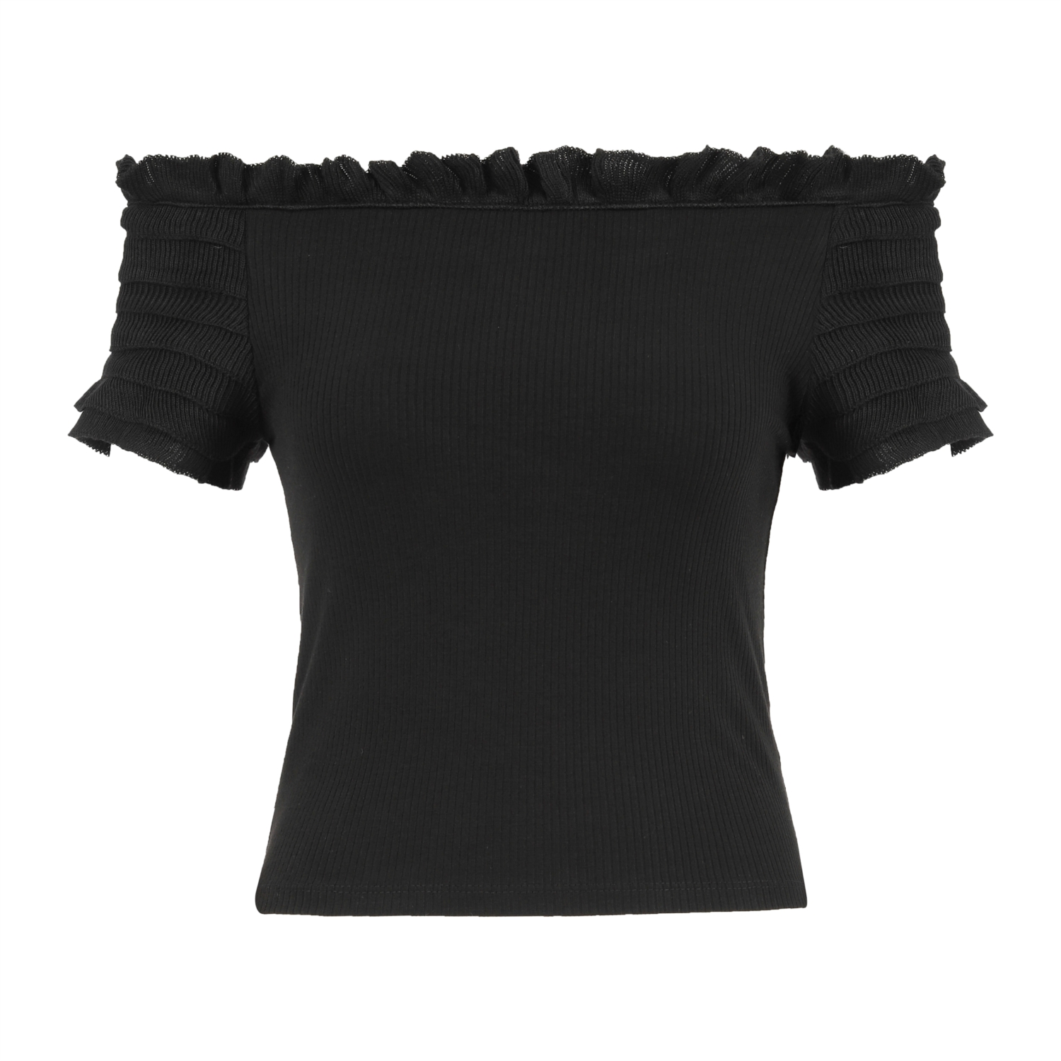 DÜŞÜK OMUZ FIRFIRLI CROP BLUZ